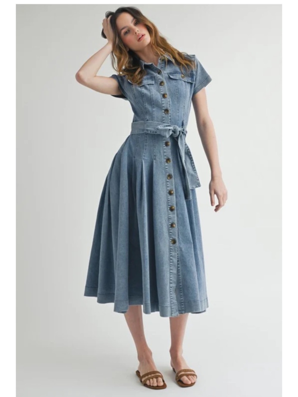 Chambray Button-Front Midi Dress with Tie Waist